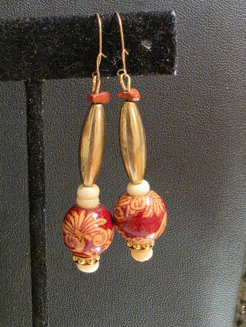 Artisan Wood Bone And Red Jasper Drop  Pierced Earrings